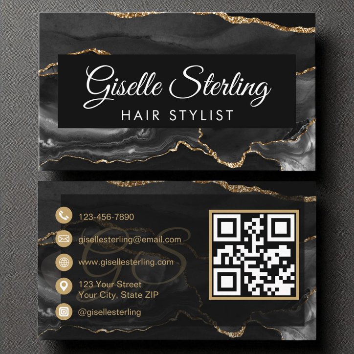 Hair Stylist QR Code Black Gold Agate Luxury Business Card