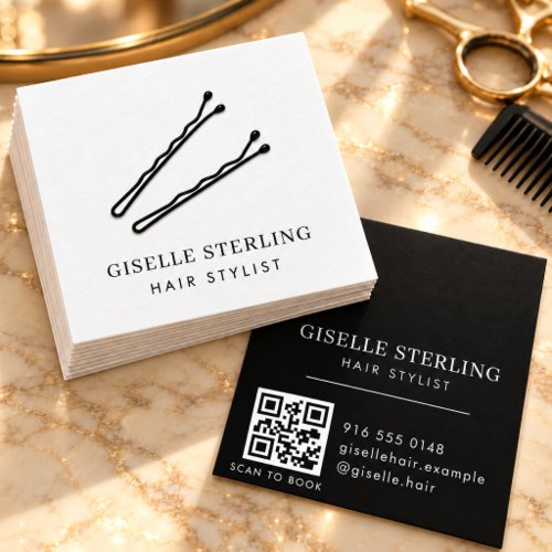 Hair Stylist QR Code Black White Bobby Pins Square Business Card