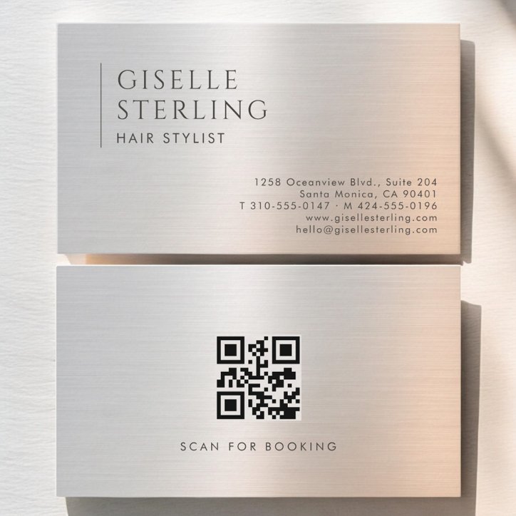 Hair Stylist QR Code Brushed Metal Business Card