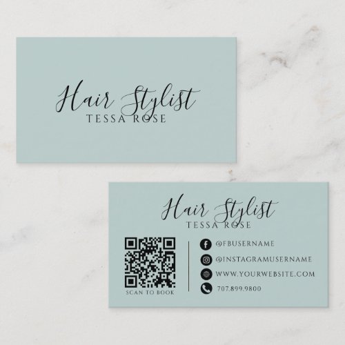 Hair Stylist QR Code Dusty Blue Green Business Card