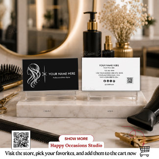 Hair Stylist QR Code Editable, Black White Salon Business Card