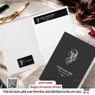 Hair Stylist QR Code Editable, Black White Salon Pocket Folder