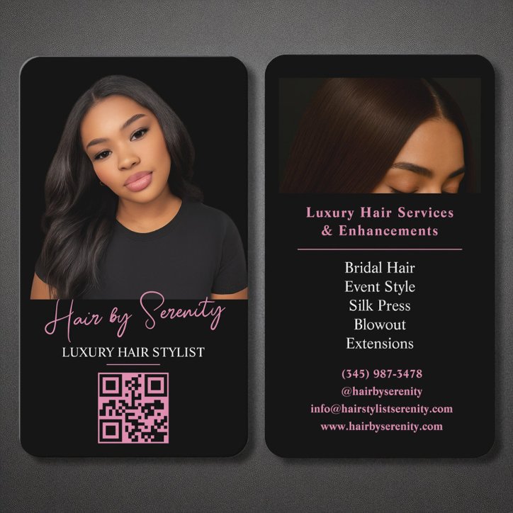 Hair Stylist QR Code Luxury Black Pink Beauty Business Card