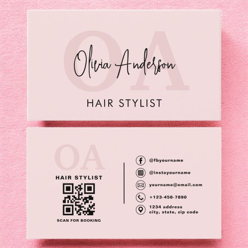 Hair Stylist QR Code Monogram Blush Pink  Business Card