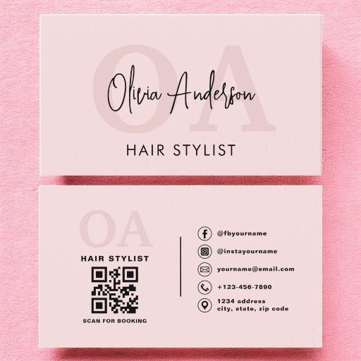 Customizable Hair Stylist QR Code Monogram Blush Pink  Business Card