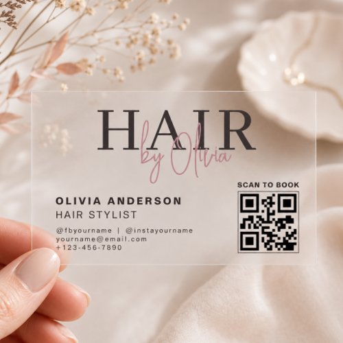 Hair Stylist QR Code Pink Transparent Clear Business Cards