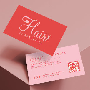 Hair stylist QR code retro modern script red pink Business Card