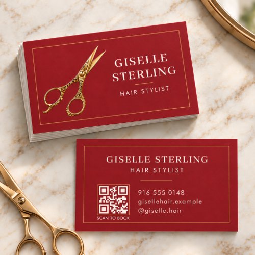 Hair Stylist Red Gold Scissors QR Code Business Card