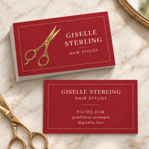 Hair Stylist Red Gold Scissors Salon Business Card