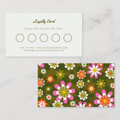 Hair Stylist Retro Groovy Daisy Olive Green Pink Loyalty Card