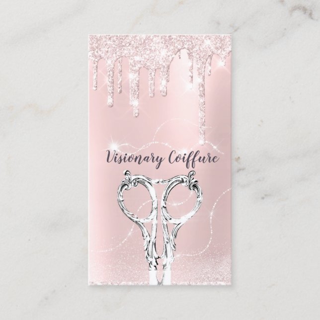 Hair Stylist Rose Drips Glitter Coiffure Scissors Business Card (Front)