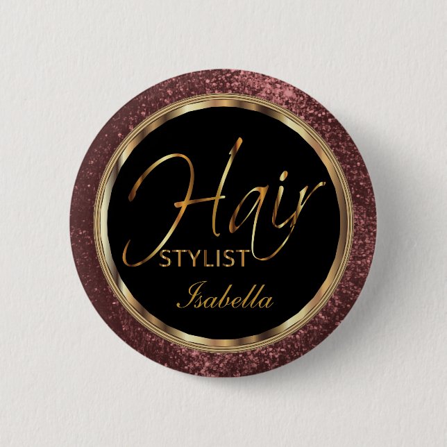 Hair Stylist Rose Glitter and Black Button (Front)