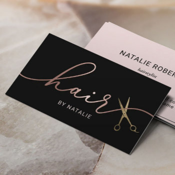 Hair Stylist Rose Gold Calligraphy Beauty Salon Business Card by cardfactory at Zazzle