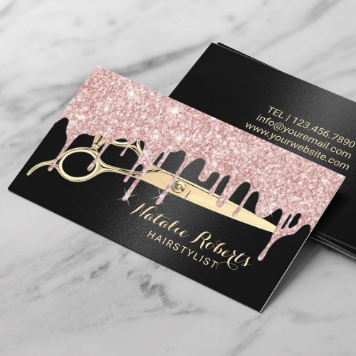 Hair Stylist Rose Gold Drips Black Beauty Salon Business Card