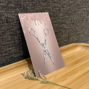 Hair Stylist Rose Gold Drips Diamond Scissor Salon Business Card