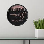 Hair Stylist Rose Gold Drips Glitter Scissors Clock<br><div class="desc">This design was created though digital art. It may be personalized in the area provided by changing the photo and/or text. Or it can be customized by choosing the click to customize further option and delete or change the color the background, add text, change the text color or style, or...</div>
