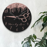 Hair Stylist Rose Gold Drips Glitter Scissors Roun Round Clock<br><div class="desc">This design may be personalized in the area provided by changing the photo and/or text. Or it can be customized by clicking Personalize this Template and then choosing the click to customize further option and delete or change the color of the background, add text, change the text color or style,...</div>