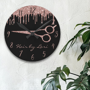 Hair Stylist Rose Gold Drips Glitter Scissors Roun Round Clock