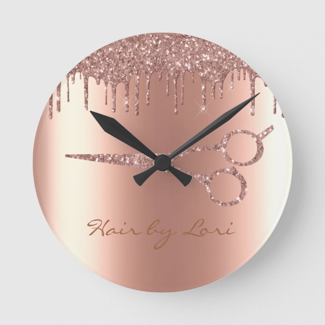 Hair Stylist Rose Gold Drips Glitter Scissors Round Clock (Front)