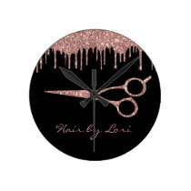 Hair Stylist Rose Gold Drips Glitter Scissors Round Clock Hair Stylist Rose Gold Drips Glitter Scissors Round Clock