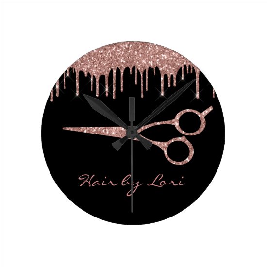 Hair Stylist Rose Gold Drips Glitter Scissors Round Clock