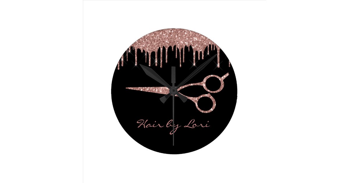 Hair Stylist Rose Gold Drips Glitter Scissors Round Clock Zazzle Com