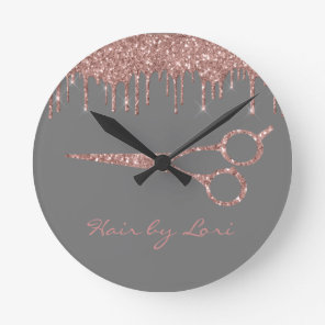 Hair Stylist Rose Gold Drips Glitter Scissors Round Clock