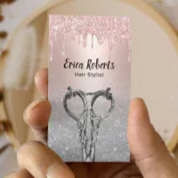 Rose Gold Scissor Pink Glitter Hair Stylist Salon Business Card, Zazzle