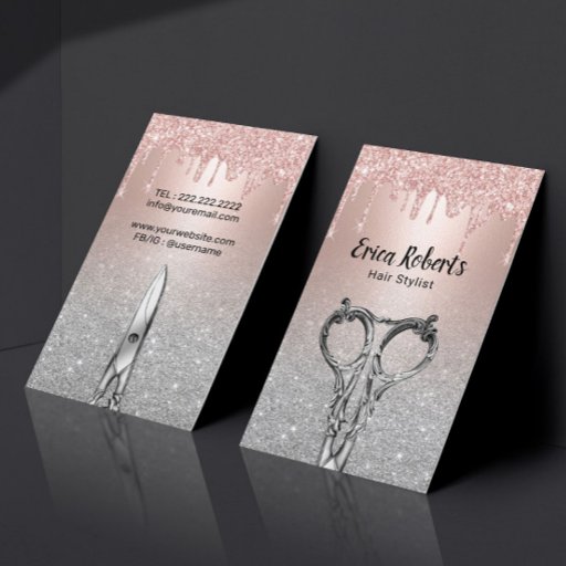 Customizable Hair Stylist Rose Gold Drips Silver Glitter Salon Business Card