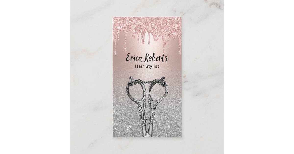 Hair Stylist Rose Gold Drips Silver Glitter Salon Business Card | Zazzle
