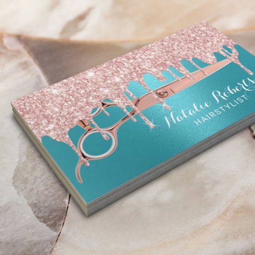 Hair Stylist Rose Gold Drips Turquoise Salon Business Card