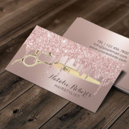 Hair Stylist Rose Gold Glitter Drips Beauty Salon Business Card