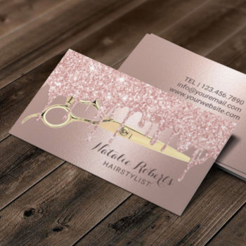 Hair Stylist Rose Gold Glitter Drips Beauty Salon Business Card by cardfactory at Zazzle