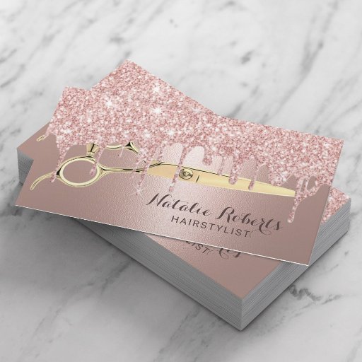 Customizable Hair Stylist Rose Gold Glitter Drips Beauty Salon Business Card