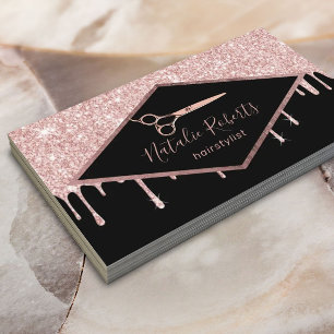 Hair Stylist Rose Gold Glitter Drips Modern Salon Business Card