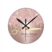 Hair Stylist Rose Gold Glitter Drips Modern Salon Round Clock Hair Stylist Rose Gold Glitter Drips Modern Salon Round Clock