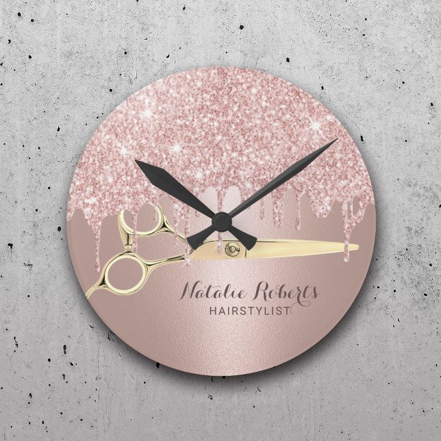 Hair Stylist Rose Gold Glitter Drips Modern Salon Round Clock (Creator Uploaded)