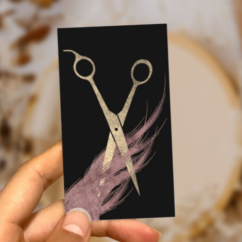 Hair Stylist Rose Gold Hair  Scissor Modern Black Business Card