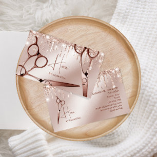 Hair stylist rose gold modern typography scissors business card