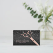Hair Stylist Rose Gold Scissor Black Glitter Salon Business Card (Standing Front)