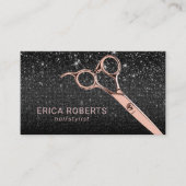 Hair Stylist Rose Gold Scissor Black Glitter Salon Business Card (Front)