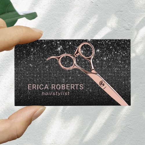Hair Stylist Rose Gold Scissor Black Glitter Salon Business Card