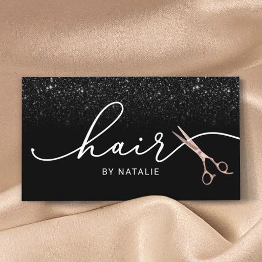 Customizable Hair Stylist Rose Gold Scissor Black Glitter Salon Business Card