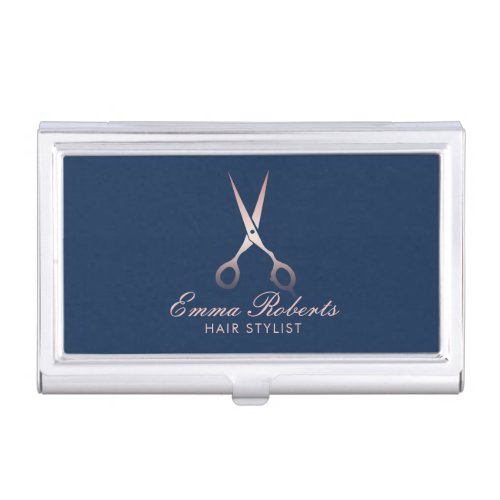 Hair Stylist Rose Gold Scissor Elegant Navy Blue Business Card Case