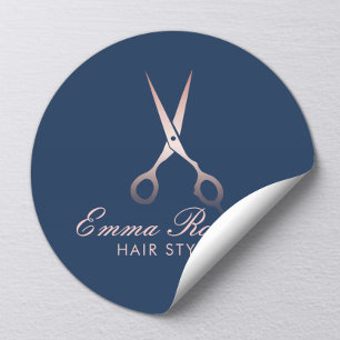 Hair Stylist Rose Gold Scissor Elegant Navy Blue Classic Round Sticker
