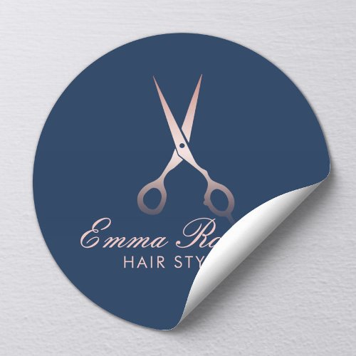 Hair Stylist Rose Gold Scissor Elegant Navy Blue Classic Round Sticker