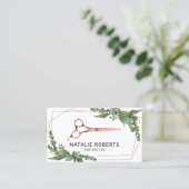 Hair Stylist Rose Gold Scissor Geometric Greenery Business Card (Standing Front)