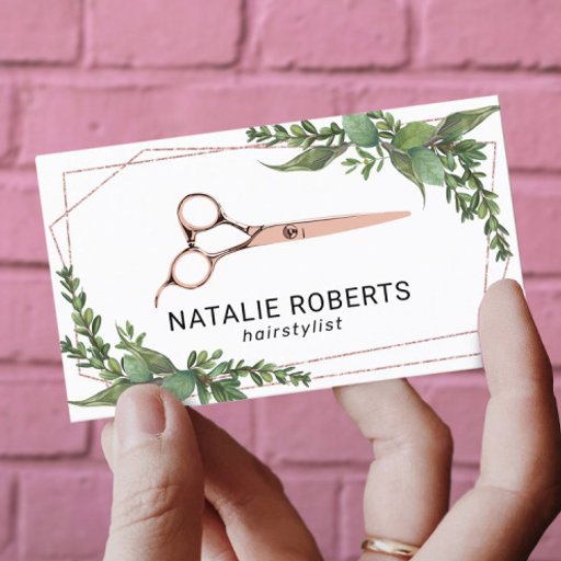 Customizable Hair Stylist Rose Gold Scissor Geometric Greenery Business Card