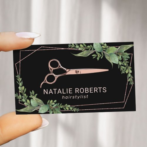 Hair Stylist Rose Gold Scissor Geometric Greenery Business Card