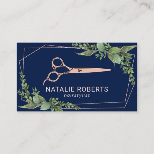 Hair Stylist Rose Gold Scissor Greenery Navy Blue Business Card